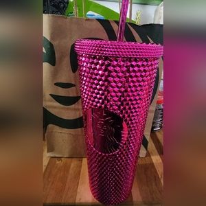 Starbucks 2022 winter holiday Sangria Chrome Bling Studded Tumbler Cup Pink